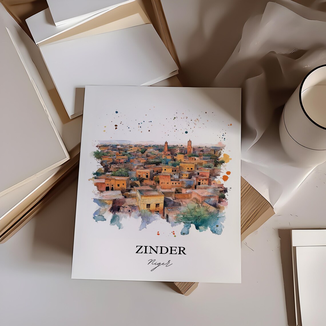 Zinder Niger Desert Town Minarets Watercolor Travel Poster Art - Image 3