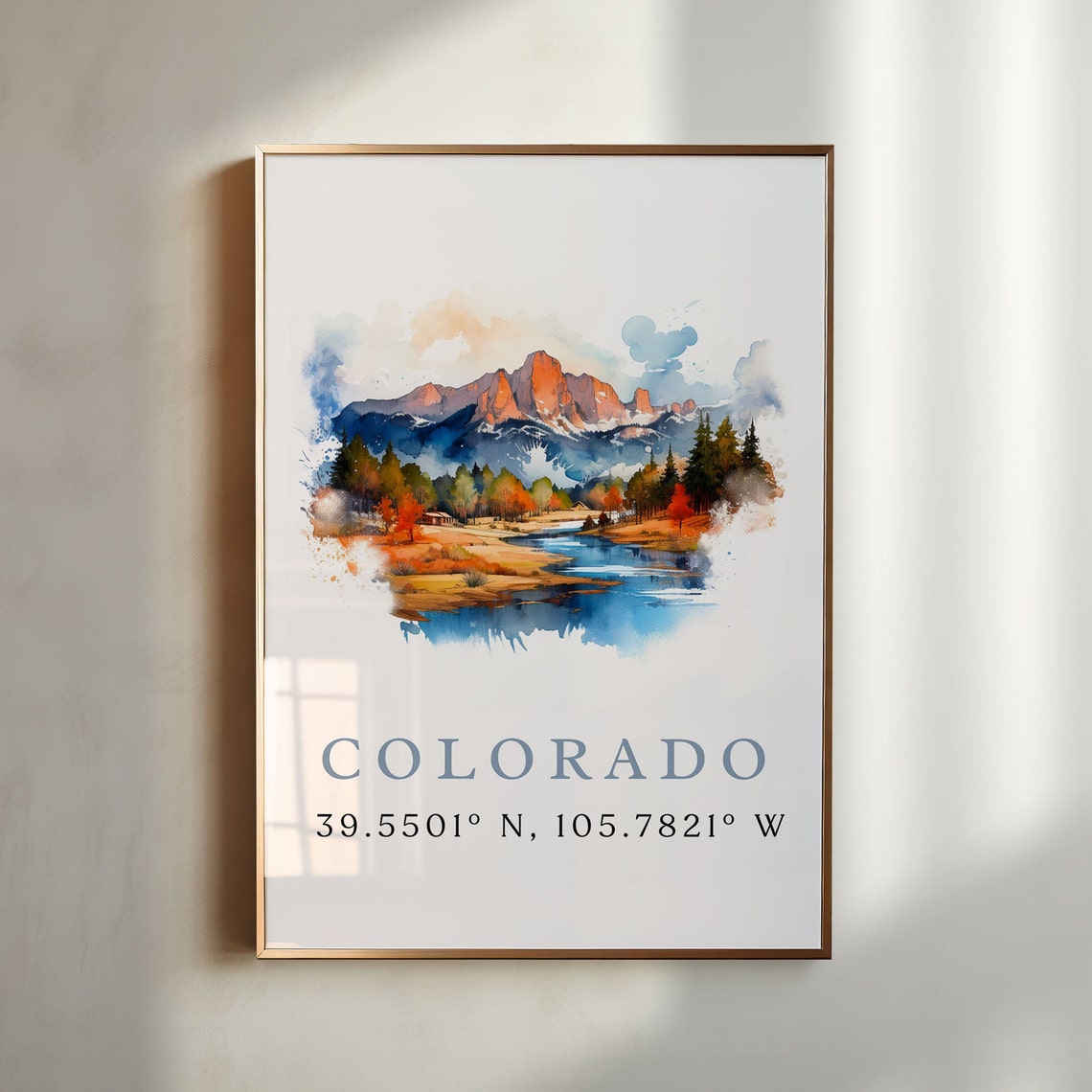 Colorado Rocky Mountain Peaks Autumn River Watercolor Travel Poster