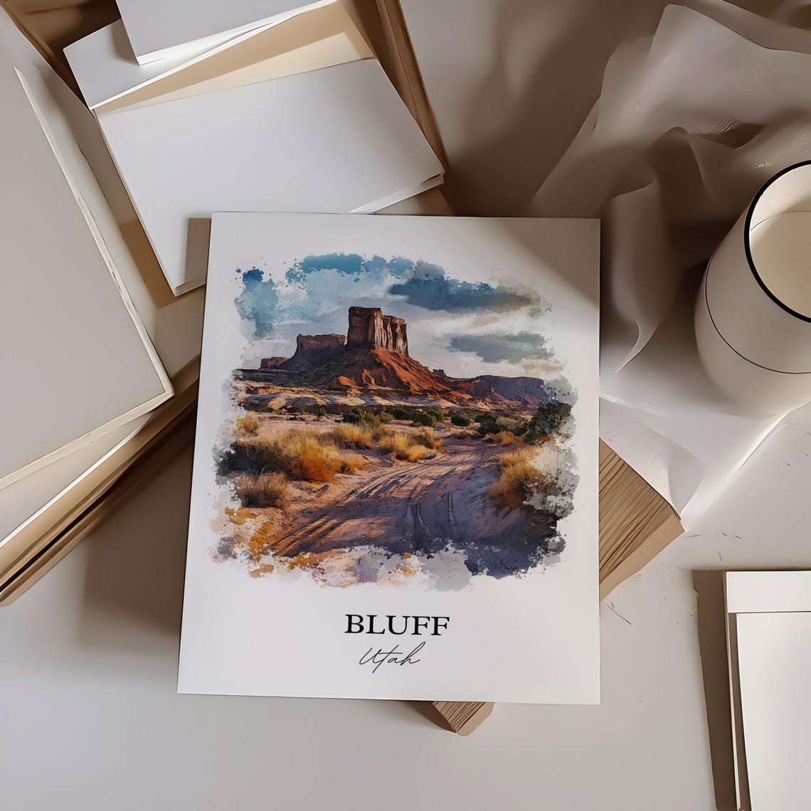 Bluff Utah Red Rock Desert Butte Landscape Watercolor Travel Poster - Image 2