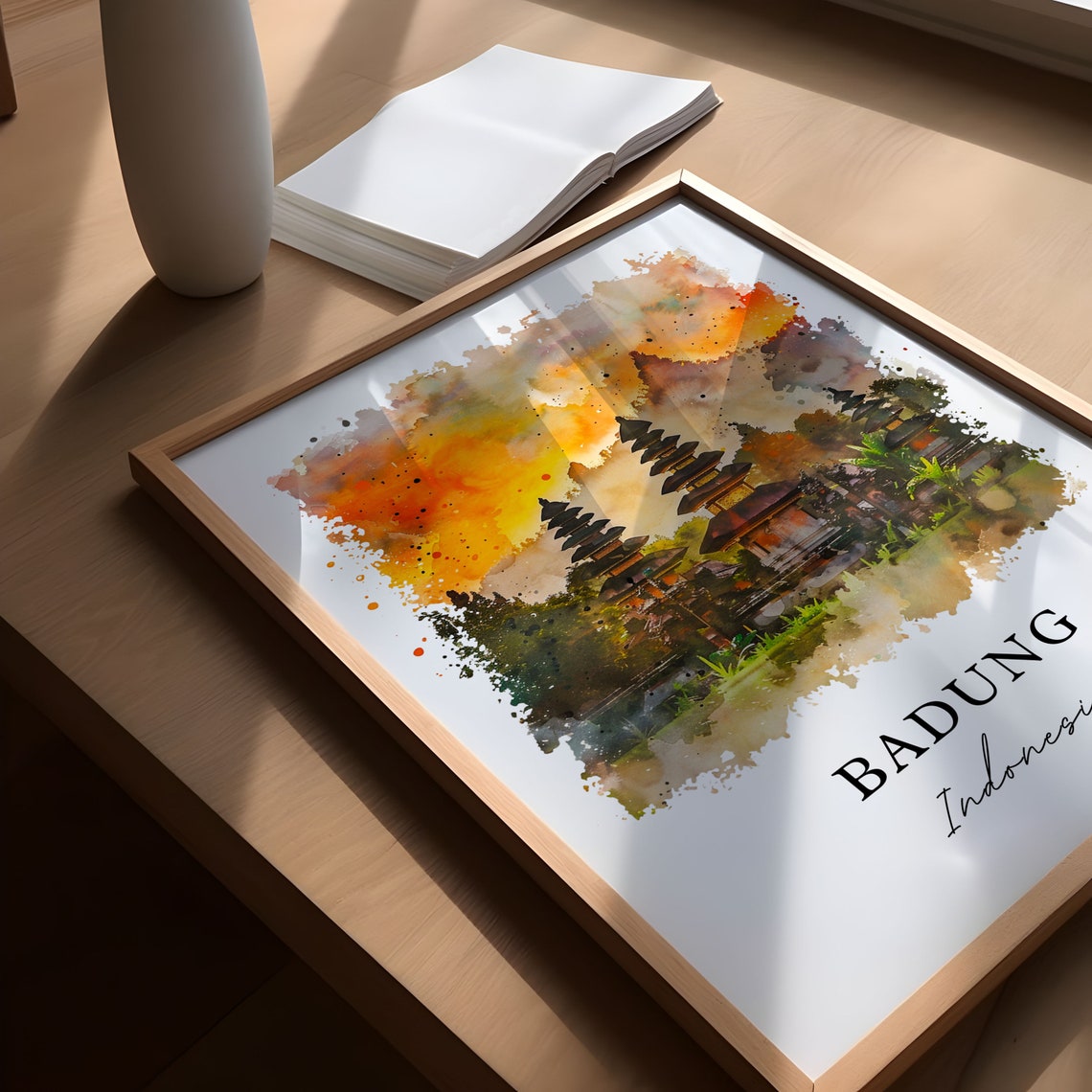Badung Indonesia Watercolor Balinese Temple Sunset Towers Poster - Image 6