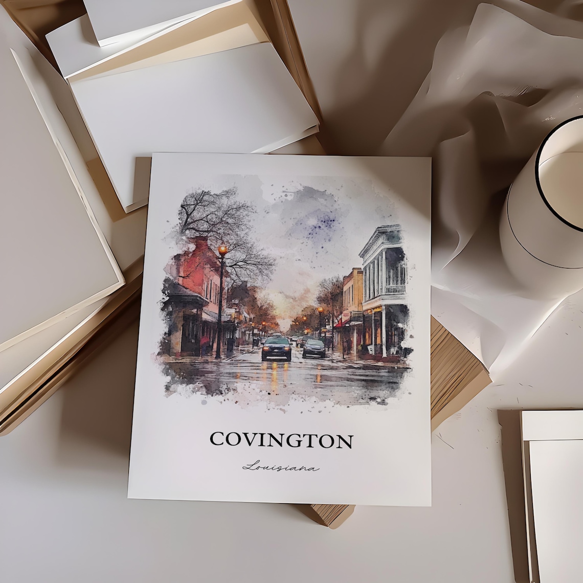 Covington Louisiana Watercolor Rainy Downtown Street Art Poster - Image 2