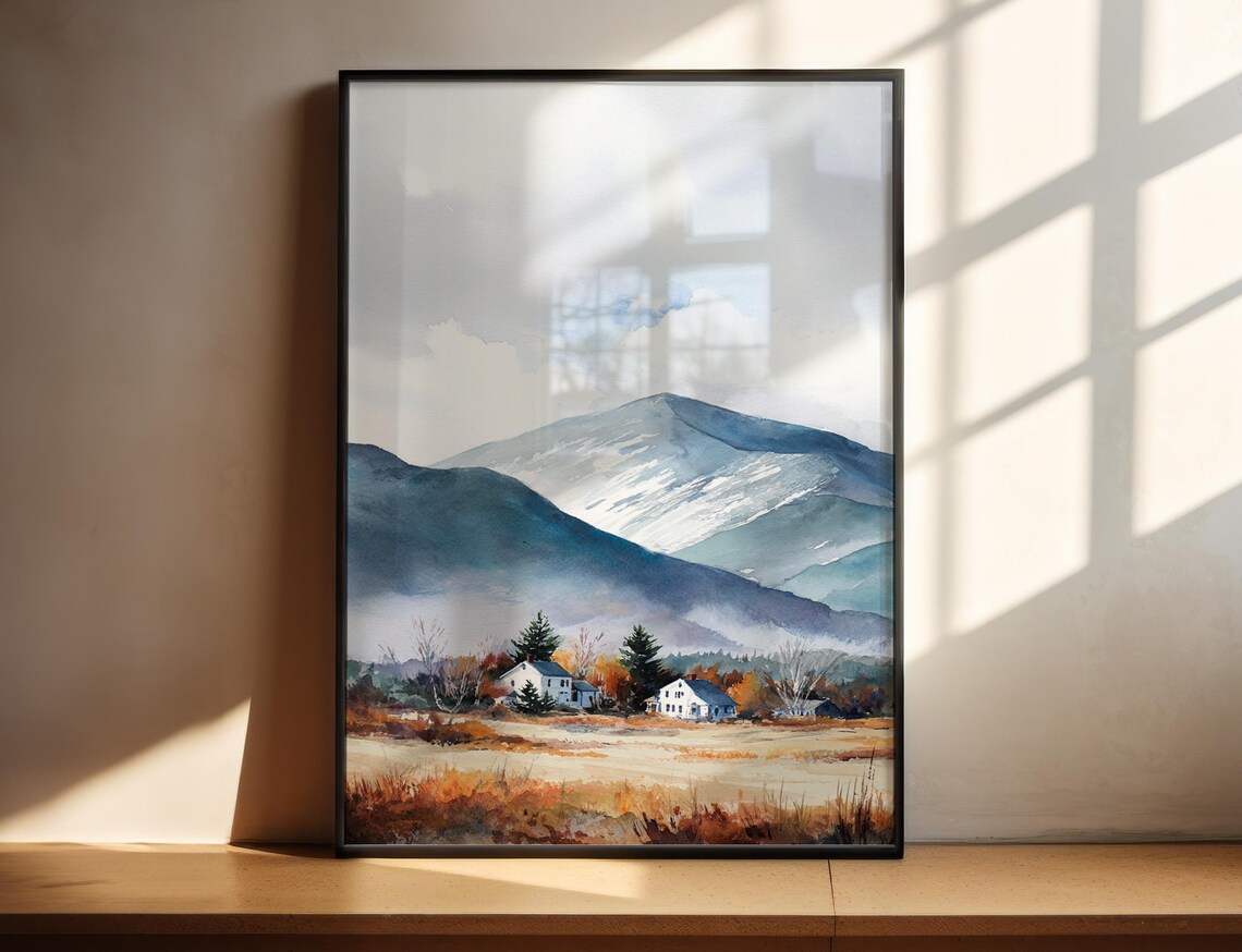 White Mountains Vermont Watercolor Farmhouses Misty Blue Peaks Wall Art