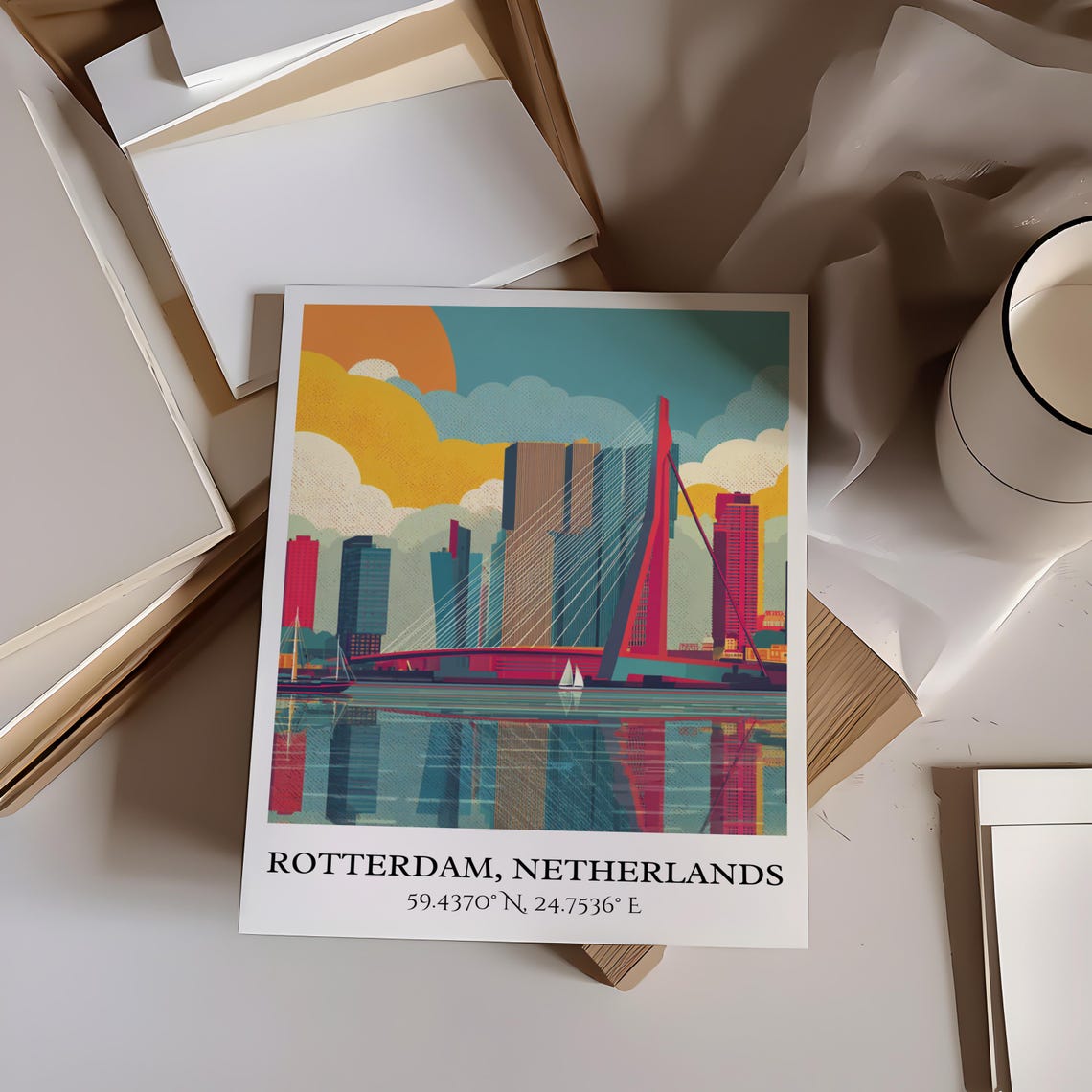 Rotterdam Netherlands Erasmus Bridge Sunset Harbor Travel Poster - Image 4