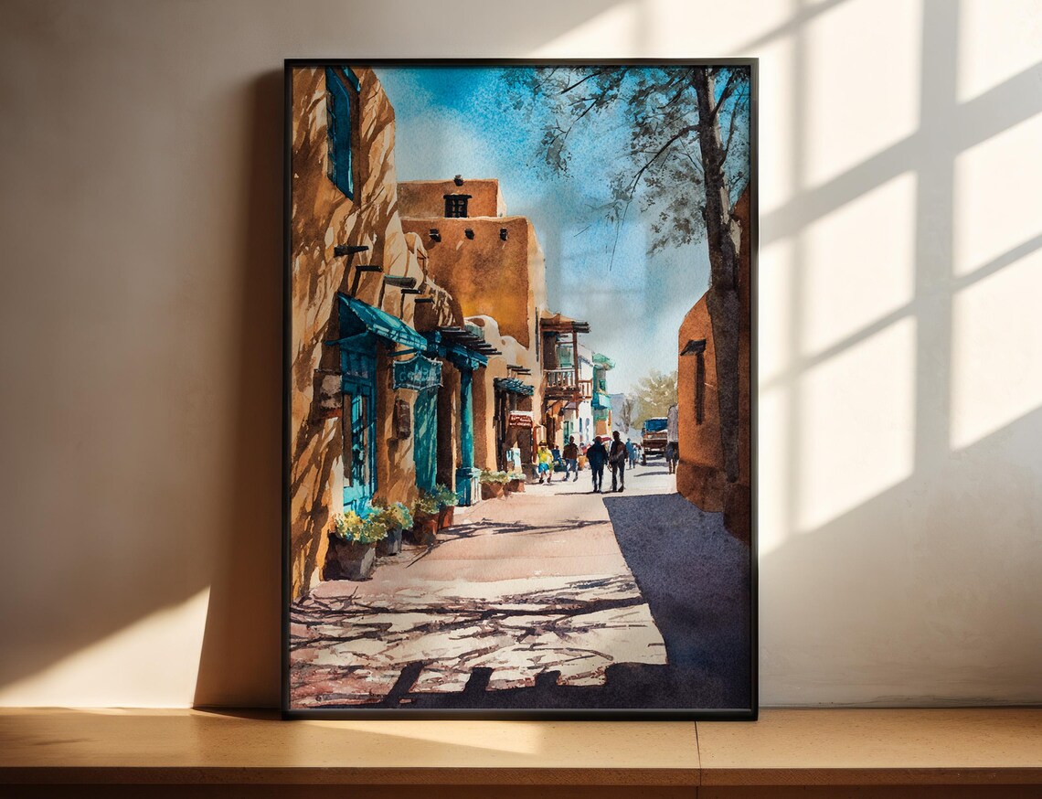 Santa Fe New Mexico Adobe Old Town Street Scene Watercolor Poster