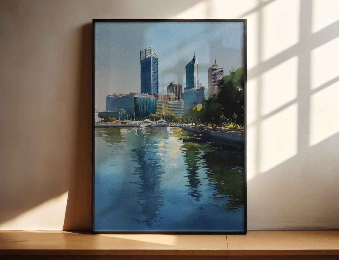 Perth Australia Swan River City Skyline Watercolor Travel Poster