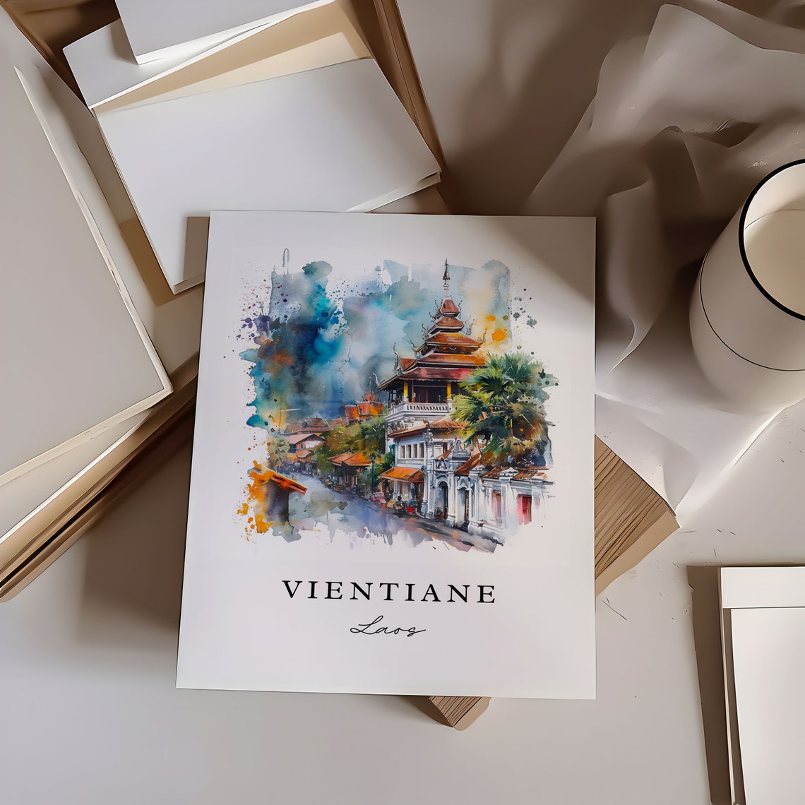 Vientiane Laos Watercolor Temple Street Pagoda Travel Poster - Image 7