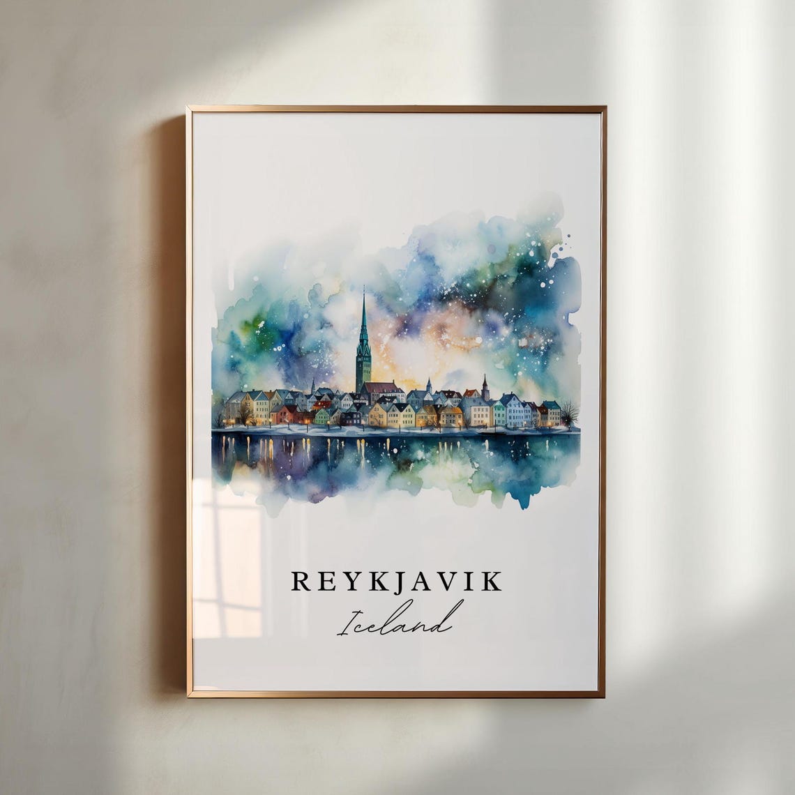 Reykjavik Iceland Evening Harbor Skyline Watercolor Travel Poster