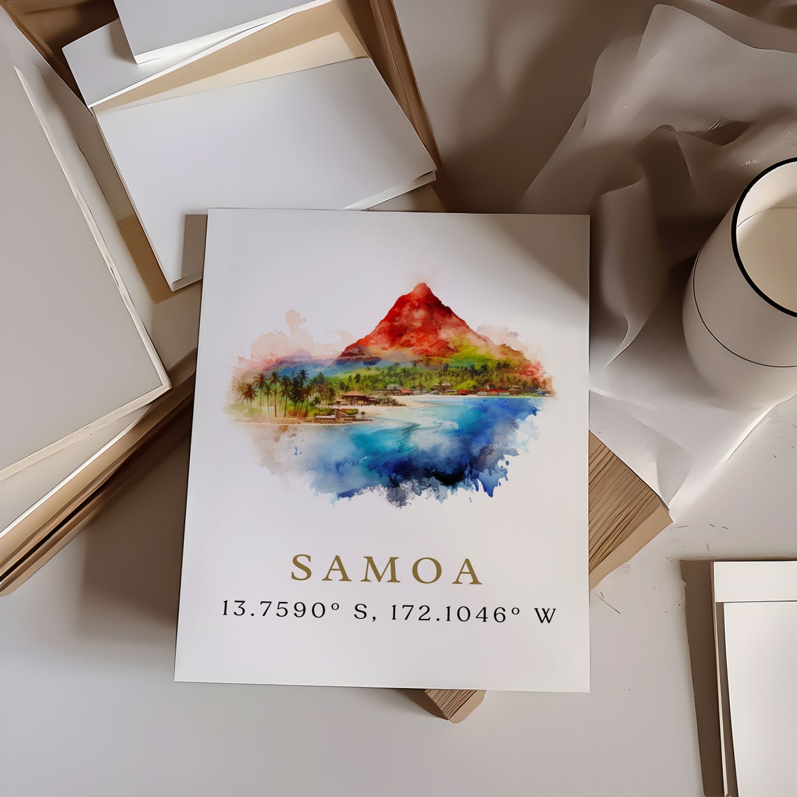 Samoa Island Volcano Coast Coordinates Minimalist Watercolor Print - Image 6