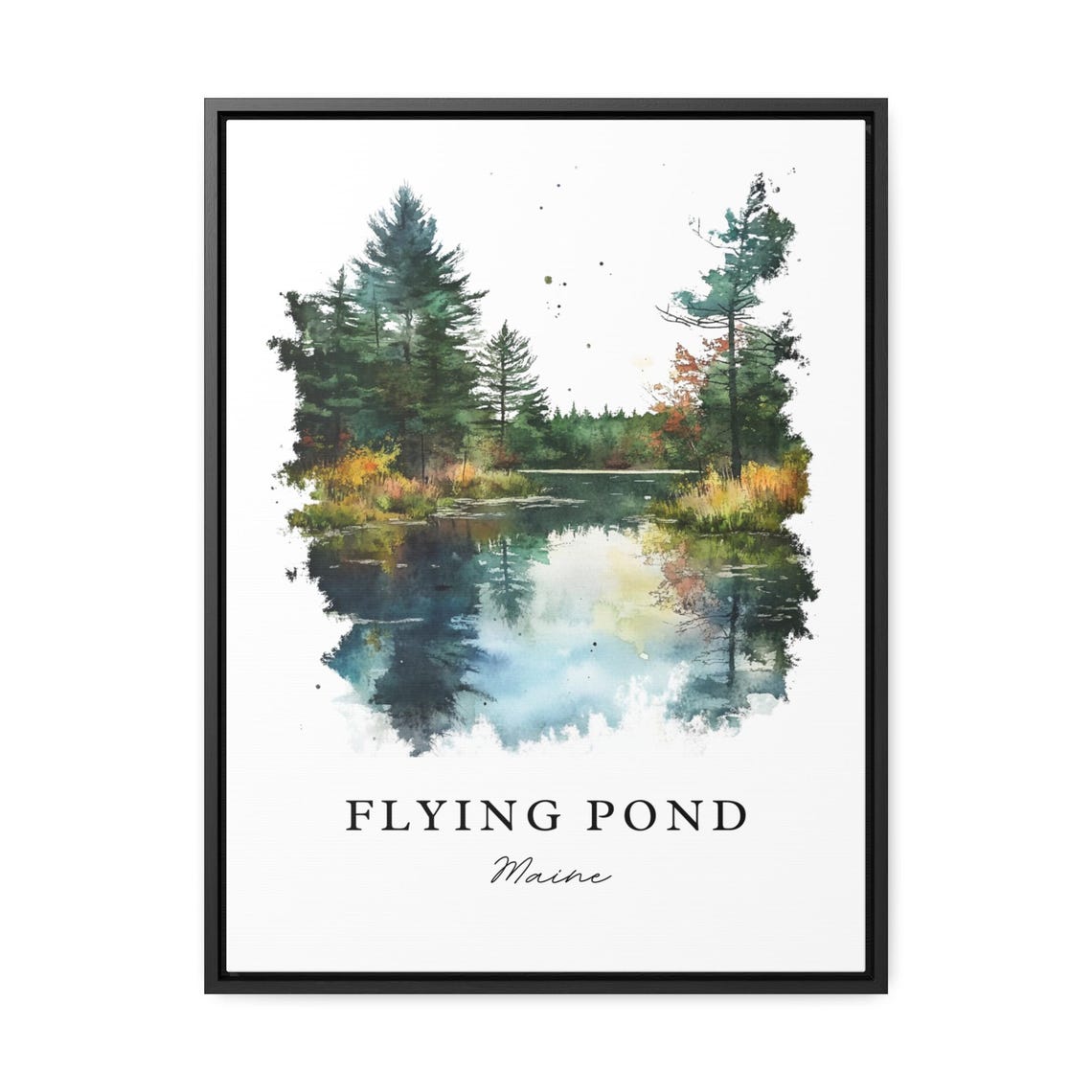 Flying Pond Maine Watercolor Forest Lake Reflection Art Print