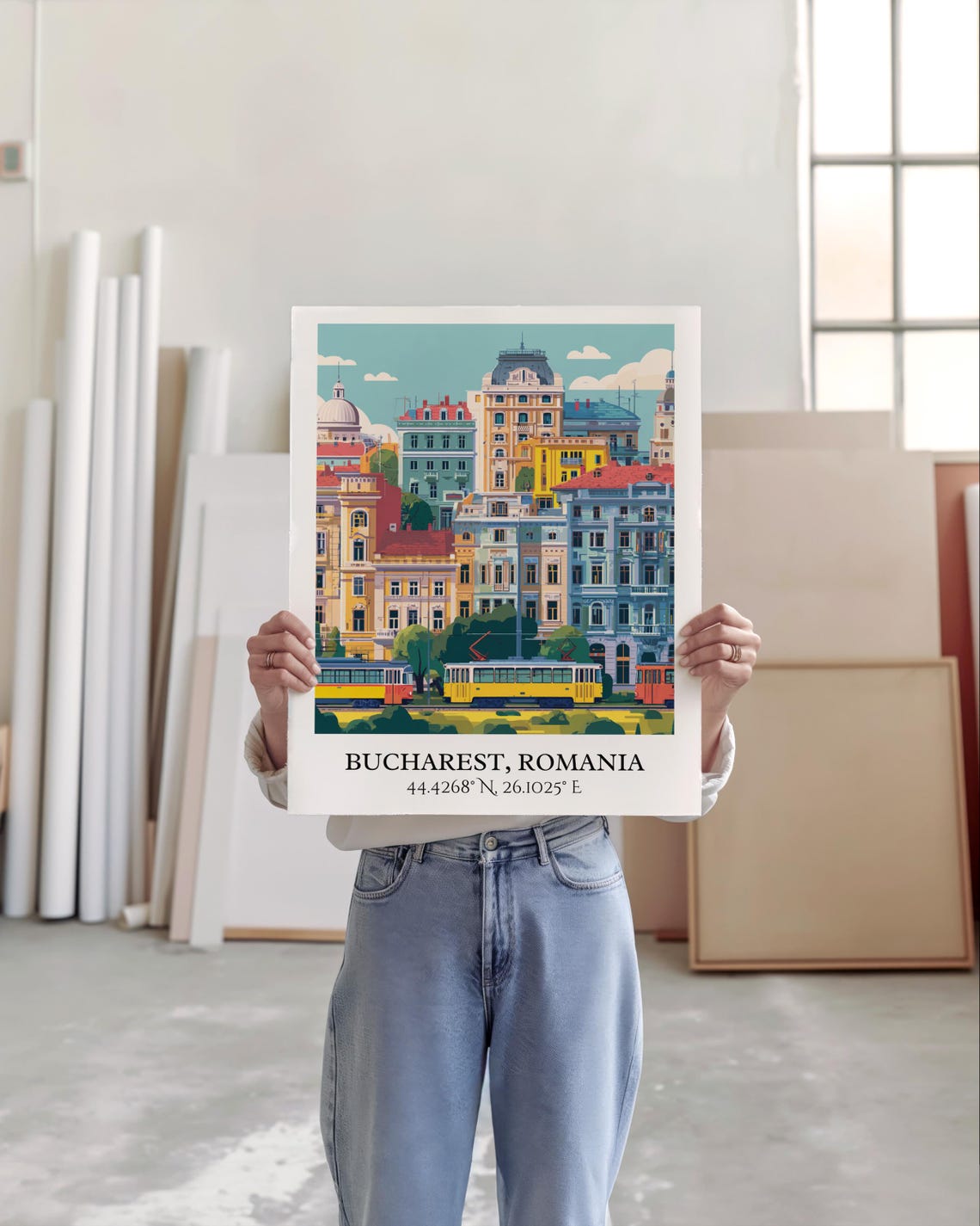 Bucharest Romania Historic Center Trams Colorful Travel Poster - Image 3