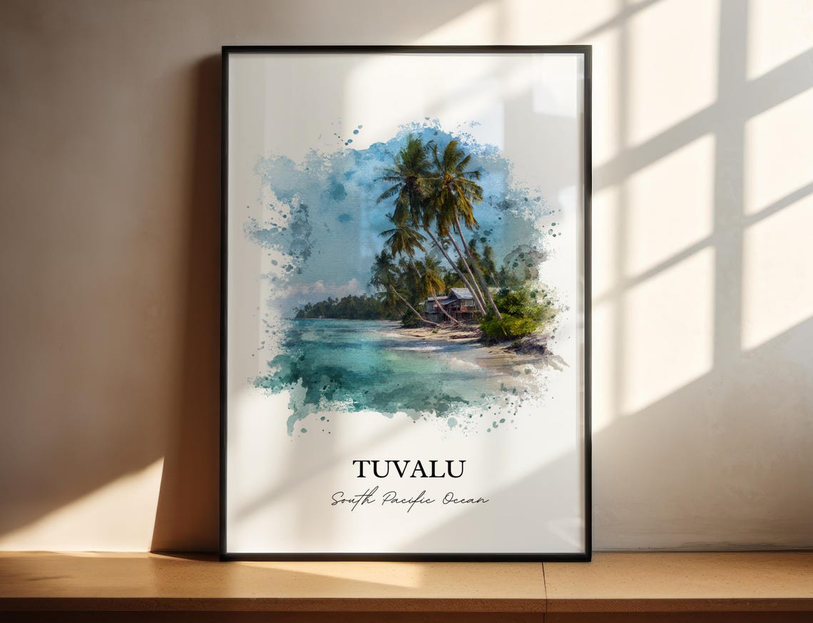 Tuvalu South Pacific Palm Beach Watercolor Tropical Island Poster