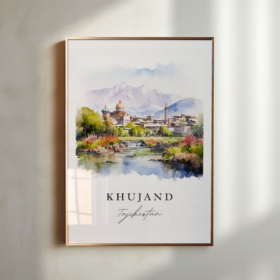 Khujand Tajikistan Riverside Old Town Watercolor Travel Art Poster