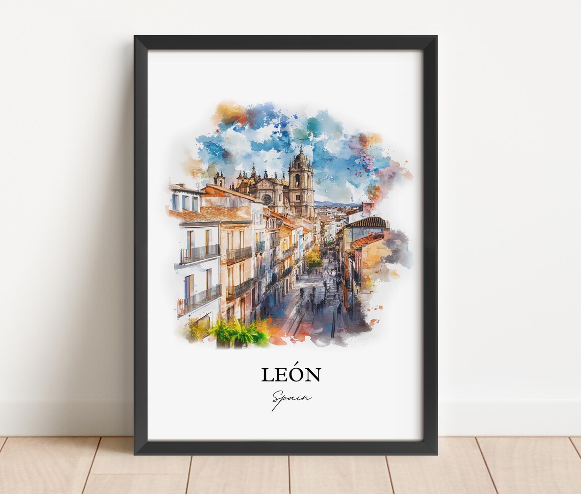 León Spain Gothic Cathedral City Street Watercolor Travel Poster - Image 2
