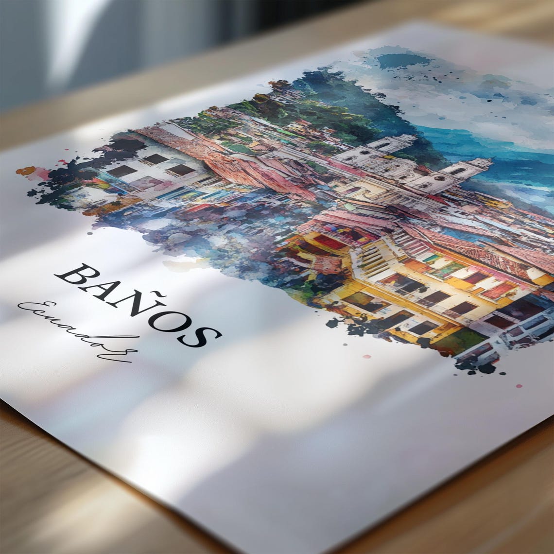 Banos Ecuador Watercolor Twin Tower Church Mountain Town Poster - Image 6