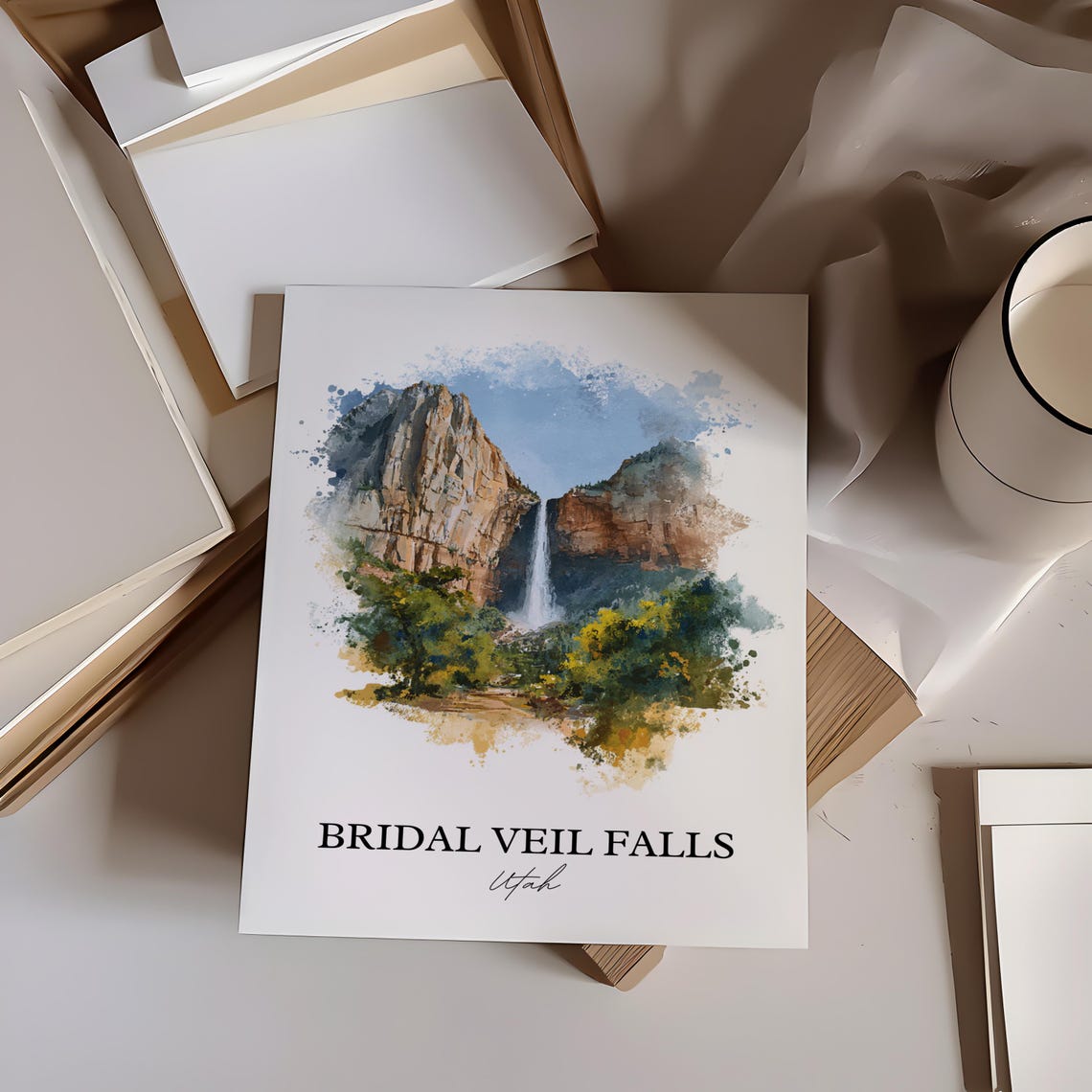 Bridal Veil Falls Utah Provo Canyon Waterfall Watercolor Travel Poster - Image 4