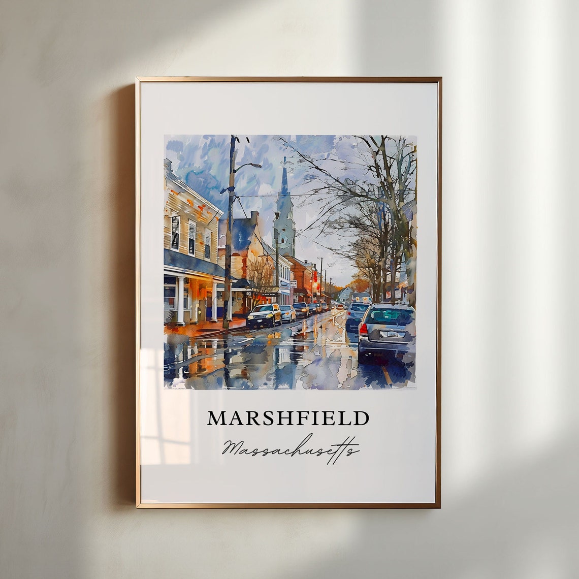 Marshfield Massachusetts Rainy Downtown Watercolor Street Scene Poster