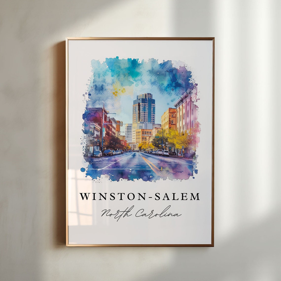 Winston-Salem North Carolina Downtown Street Watercolor Poster