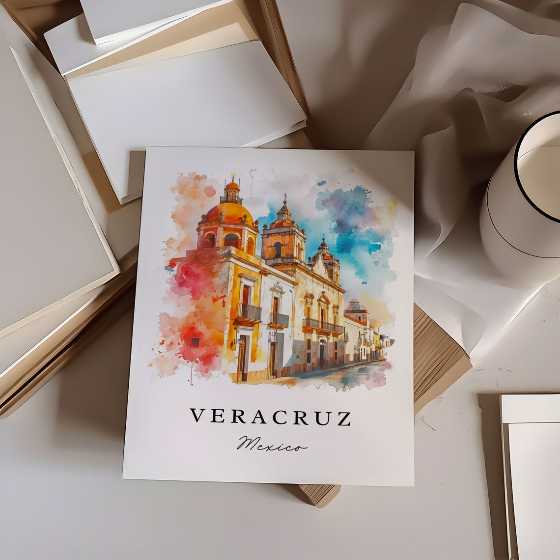Veracruz Mexico Watercolor Colonial Cathedral Orange Domes Poster - Image 6