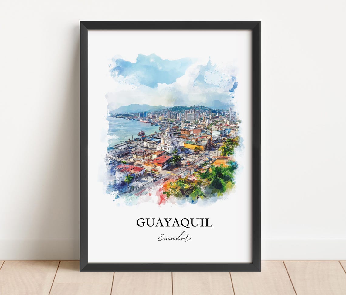 Guayaquil Ecuador Watercolor Harbor Cityscape River Travel Poster - Image 3