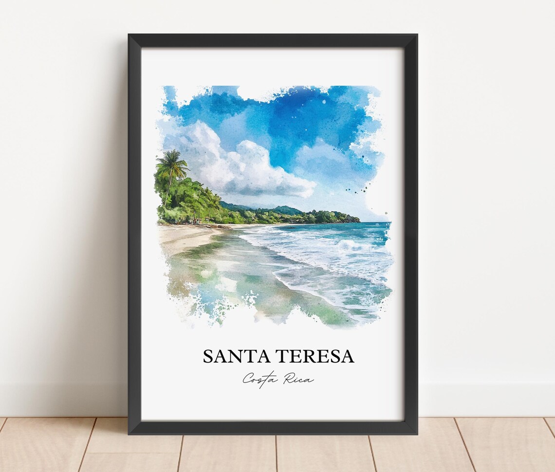 Santa Teresa Costa Rica Blue Surf Beach Town Watercolor Poster - Image 2