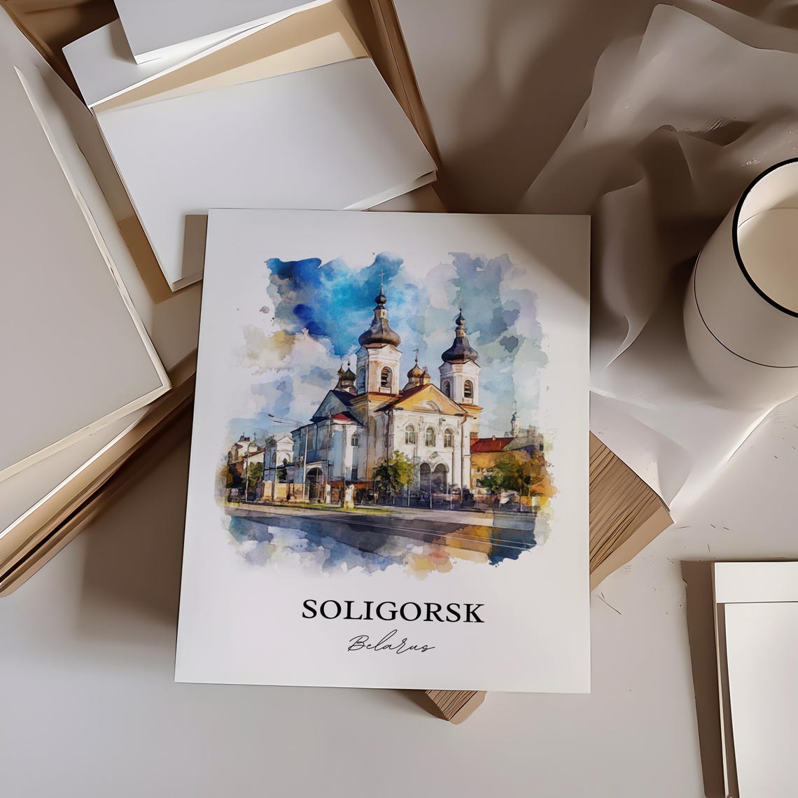 Soligorsk Belarus Orthodox Church Onion Domes Watercolor Travel Poster - Image 4