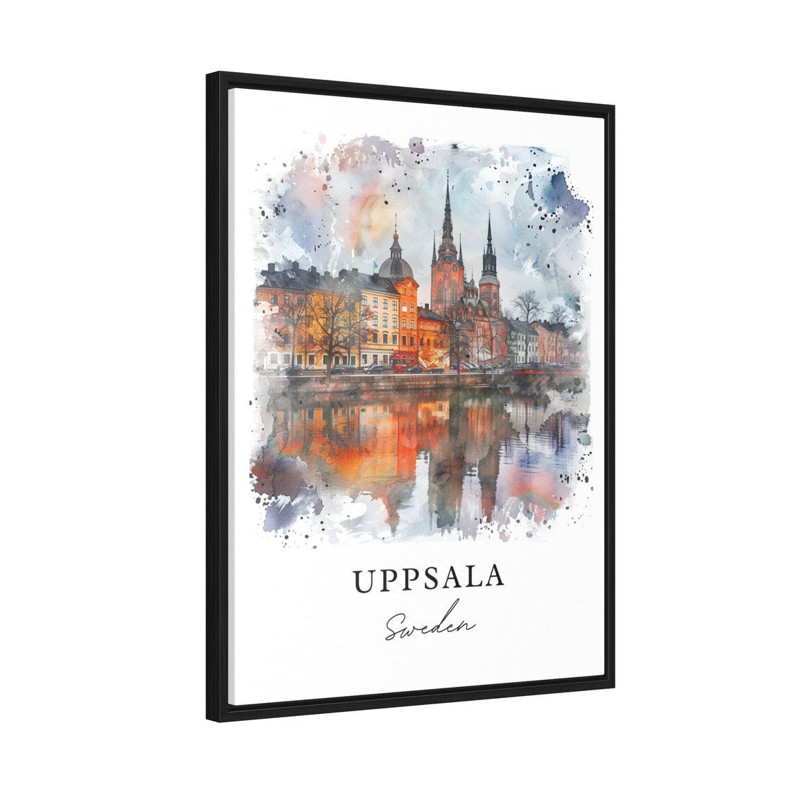 Uppsala Sweden Cathedral Riverside Watercolor City Reflection Poster - Image 2