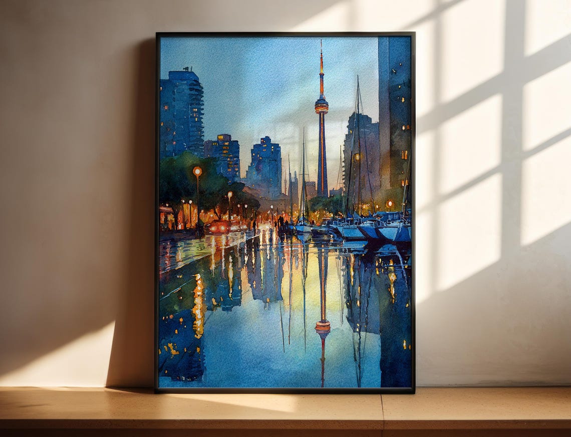 Toronto CN Tower Harbor Sunset Watercolor Skyline Canada Poster Art