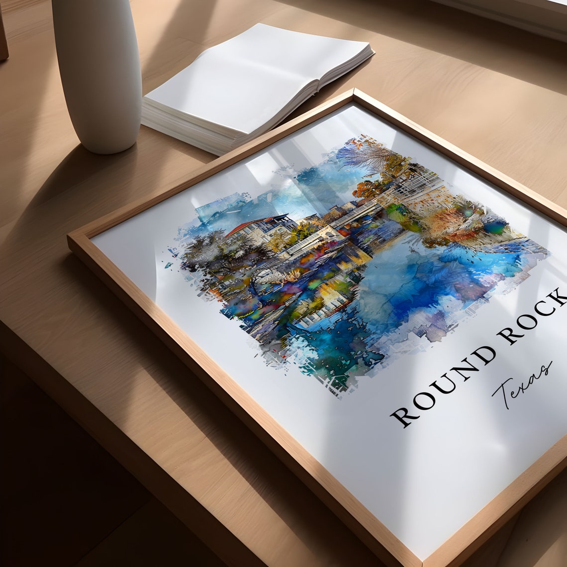 Round Rock Texas Watercolor Creek Bridge Reflection Scene Poster - Image 5
