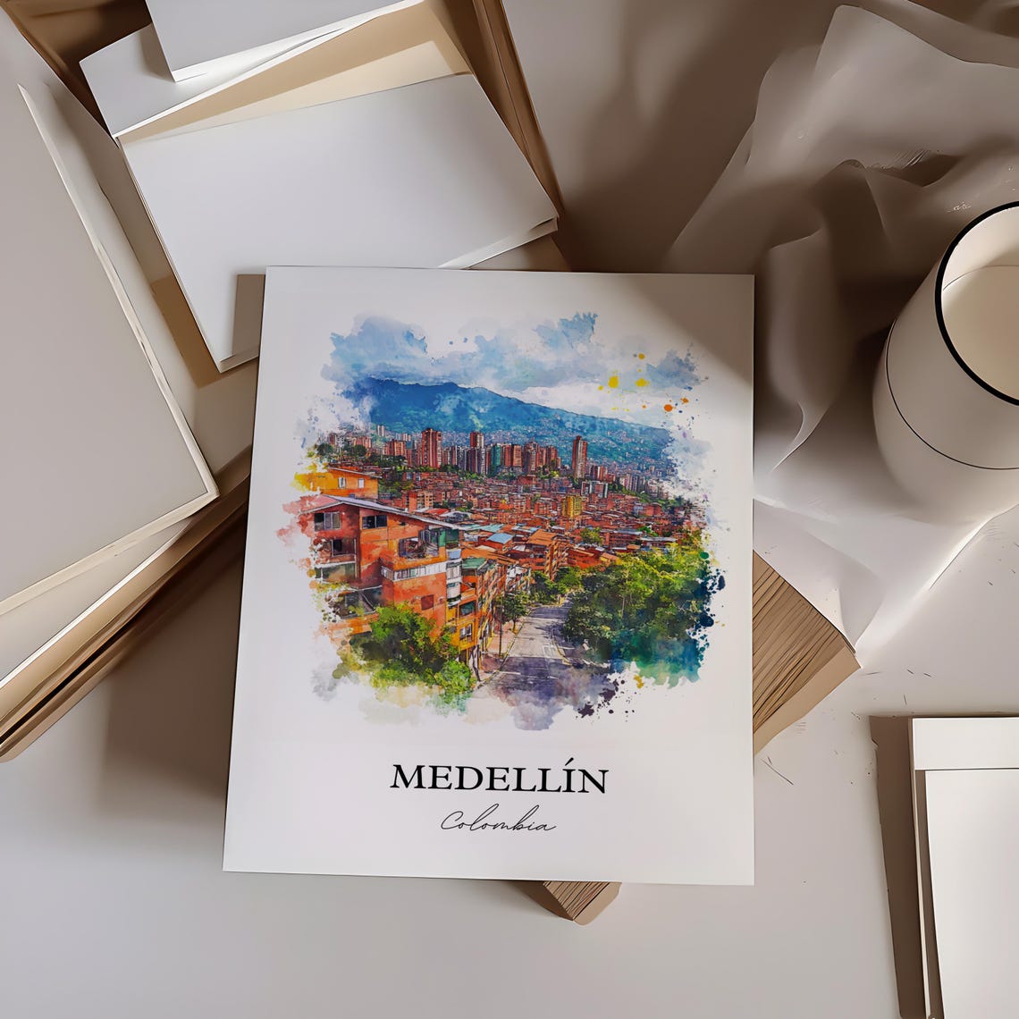 Medellin Skyline Watercolor Travel Poster, Colombia - Image 3