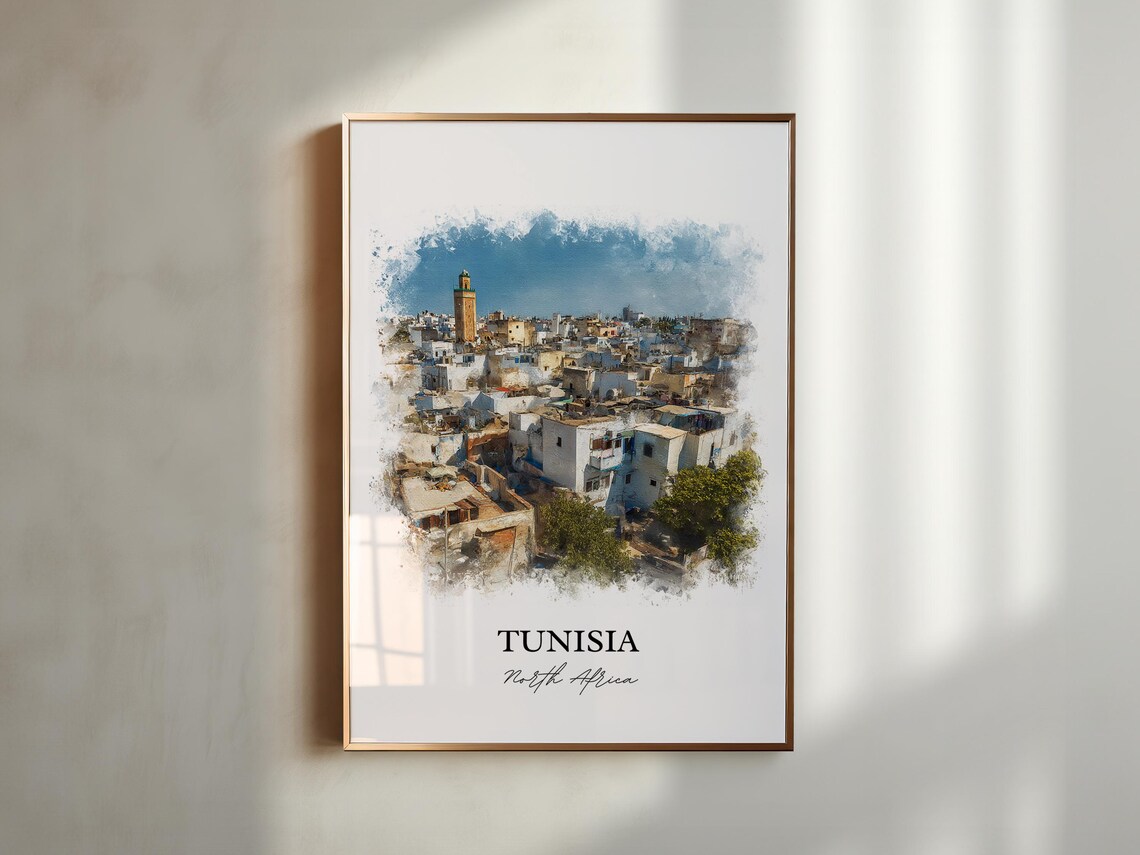 Tunisia North Africa White Medina Skyline Watercolor Travel Poster - Image 3