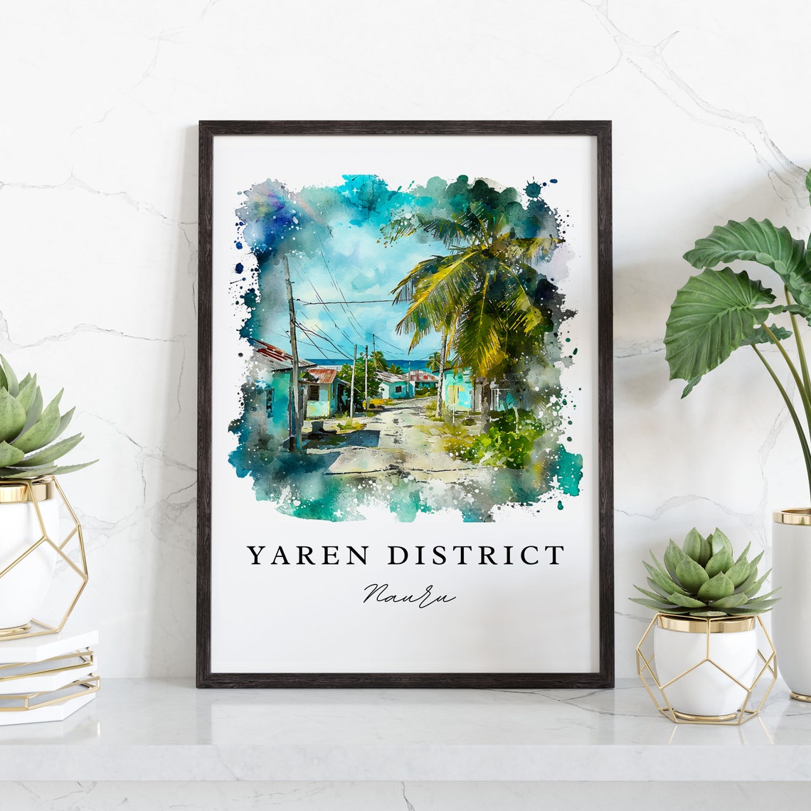 Yaren District Nauru Island Street Palm Trees Watercolor Art Poster - Image 4