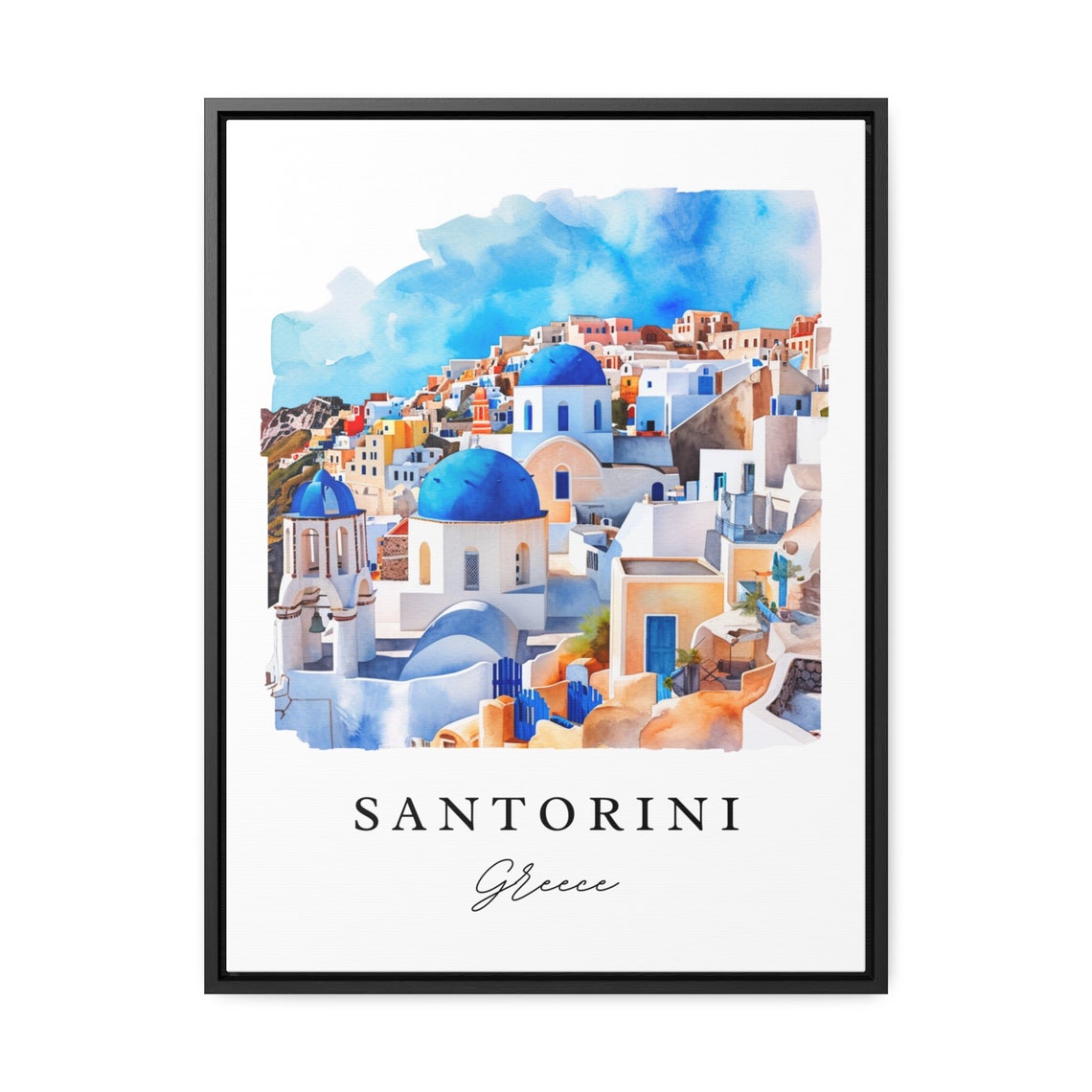Santorini Greece Blue Domed Churches Watercolor Island Poster - Image 2