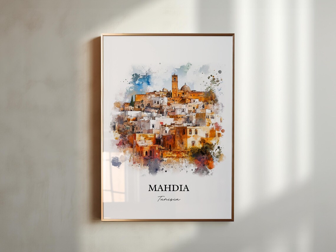 Mahdia Tunisia Historic Old Town Watercolor Souvenir Travel Poster - Image 4