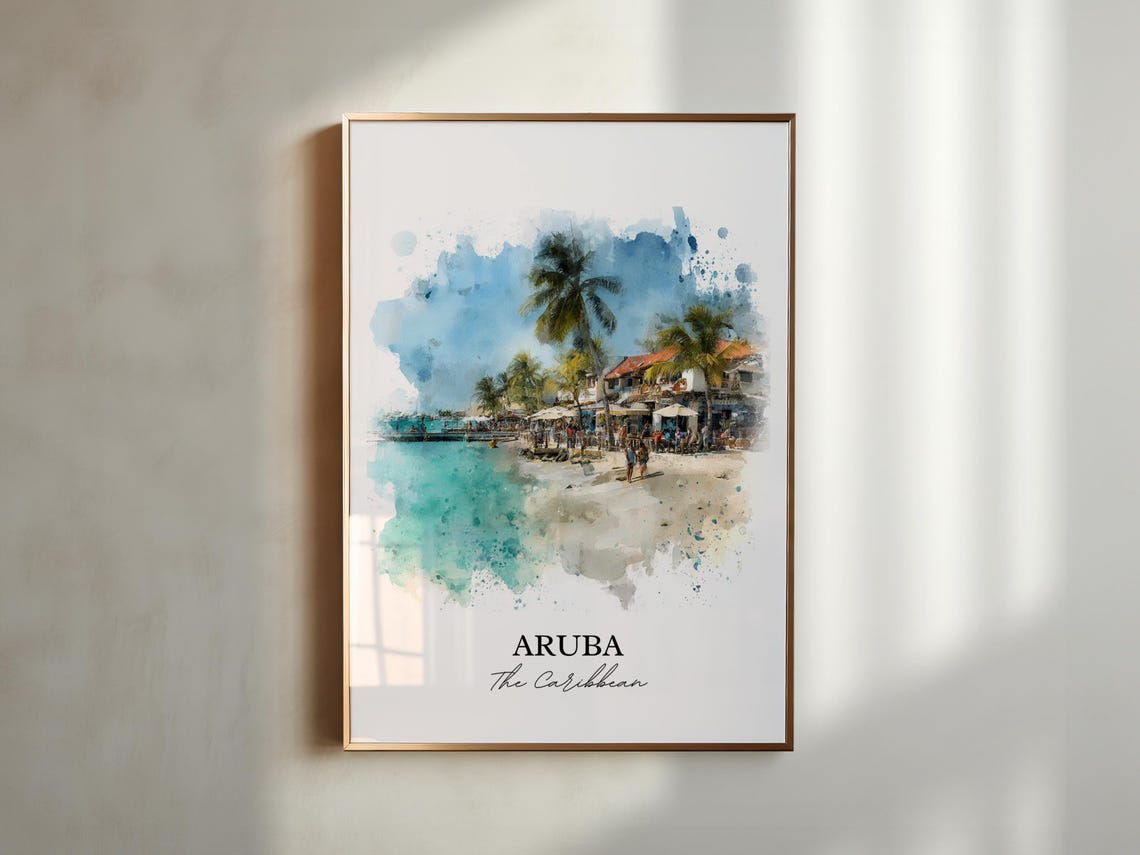 Aruba Caribbean Beachfront Dining Palm Trees Watercolor Poster - Image 5