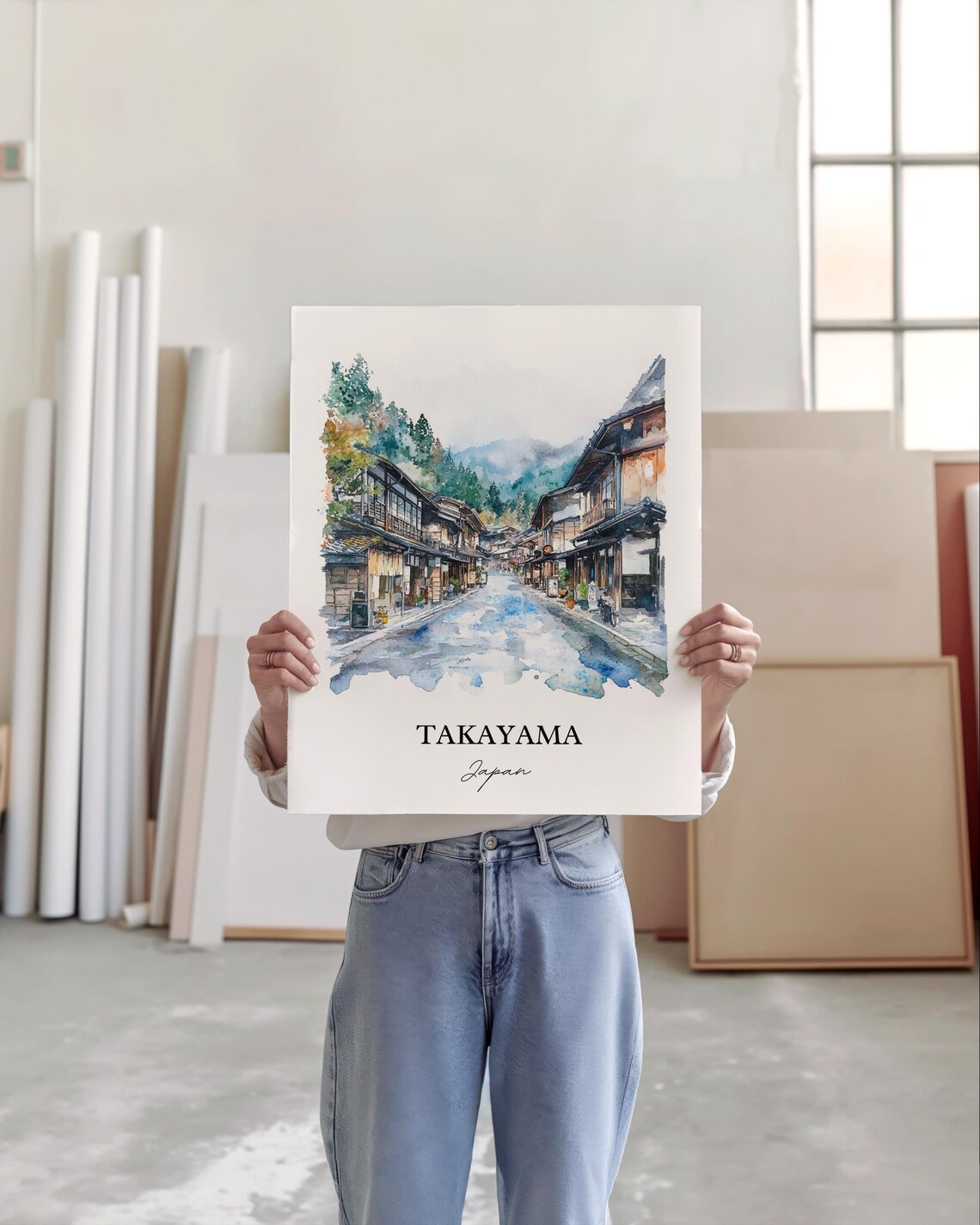 Takayama Japan Watercolor Old Town Street Wooden Houses Poster - Image 3