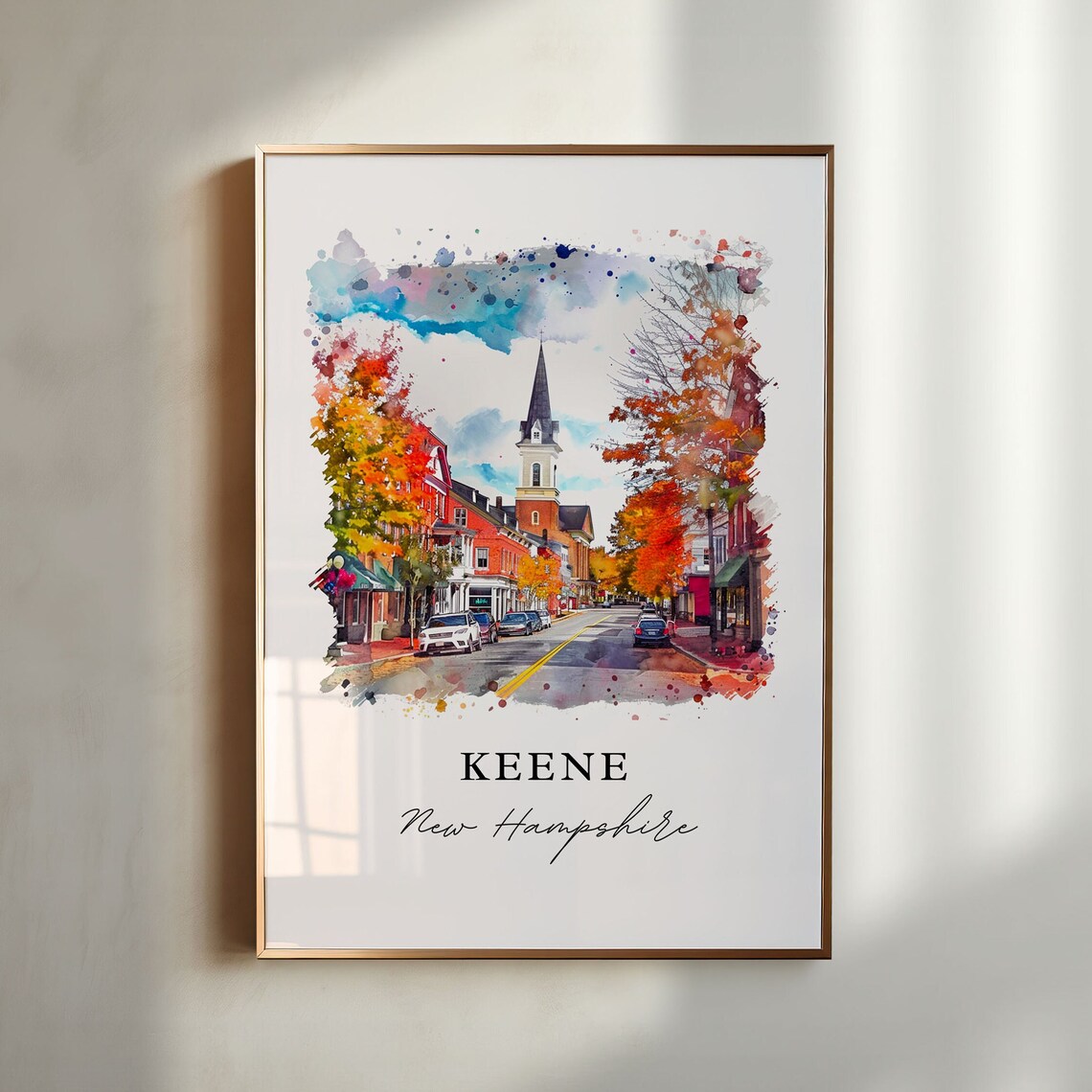 Keene New Hampshire Fall Main Street Watercolor Travel Art Print