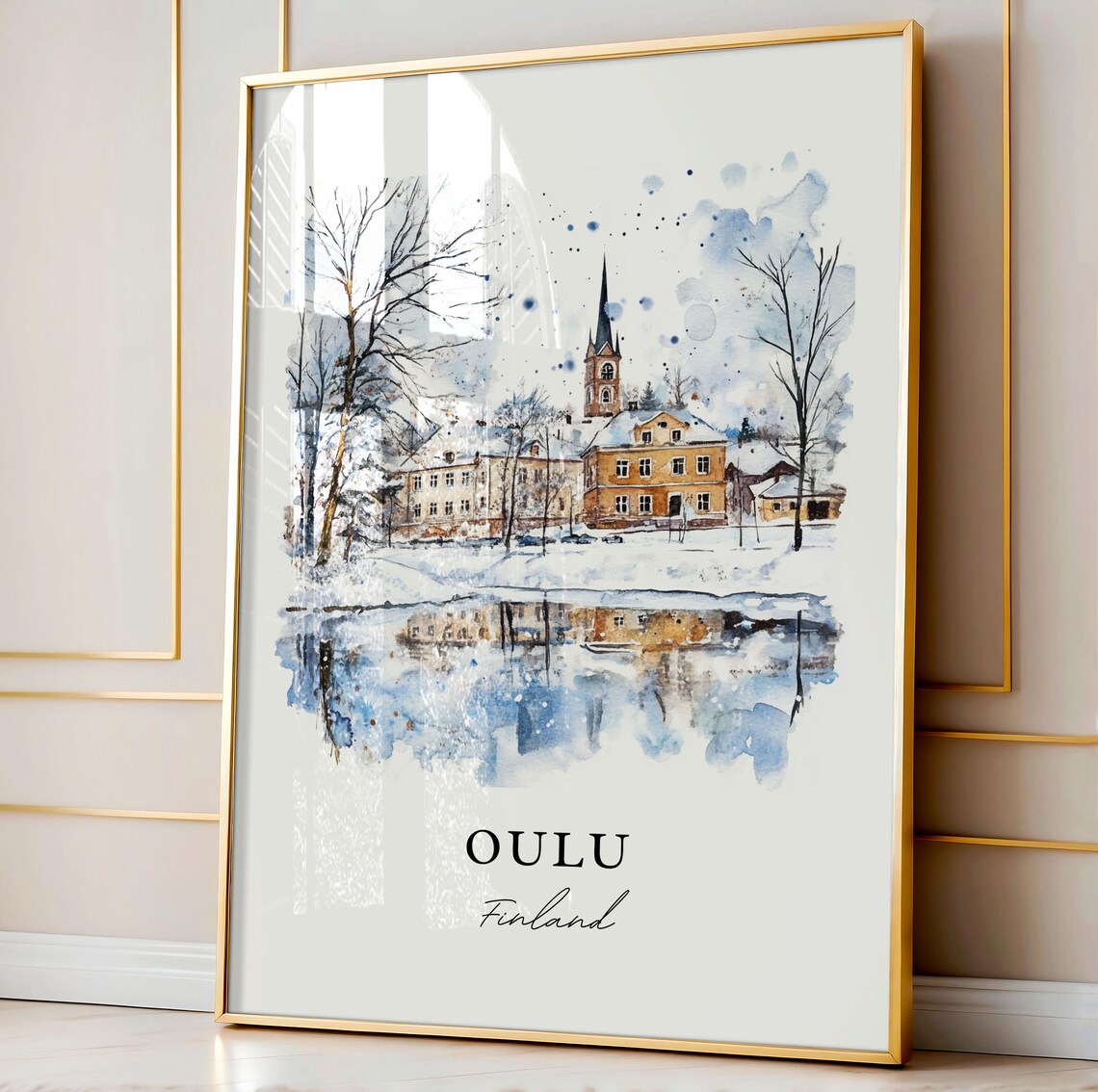 Oulu Finland Watercolor Winter Snow Church Frozen River Poster - Image 3