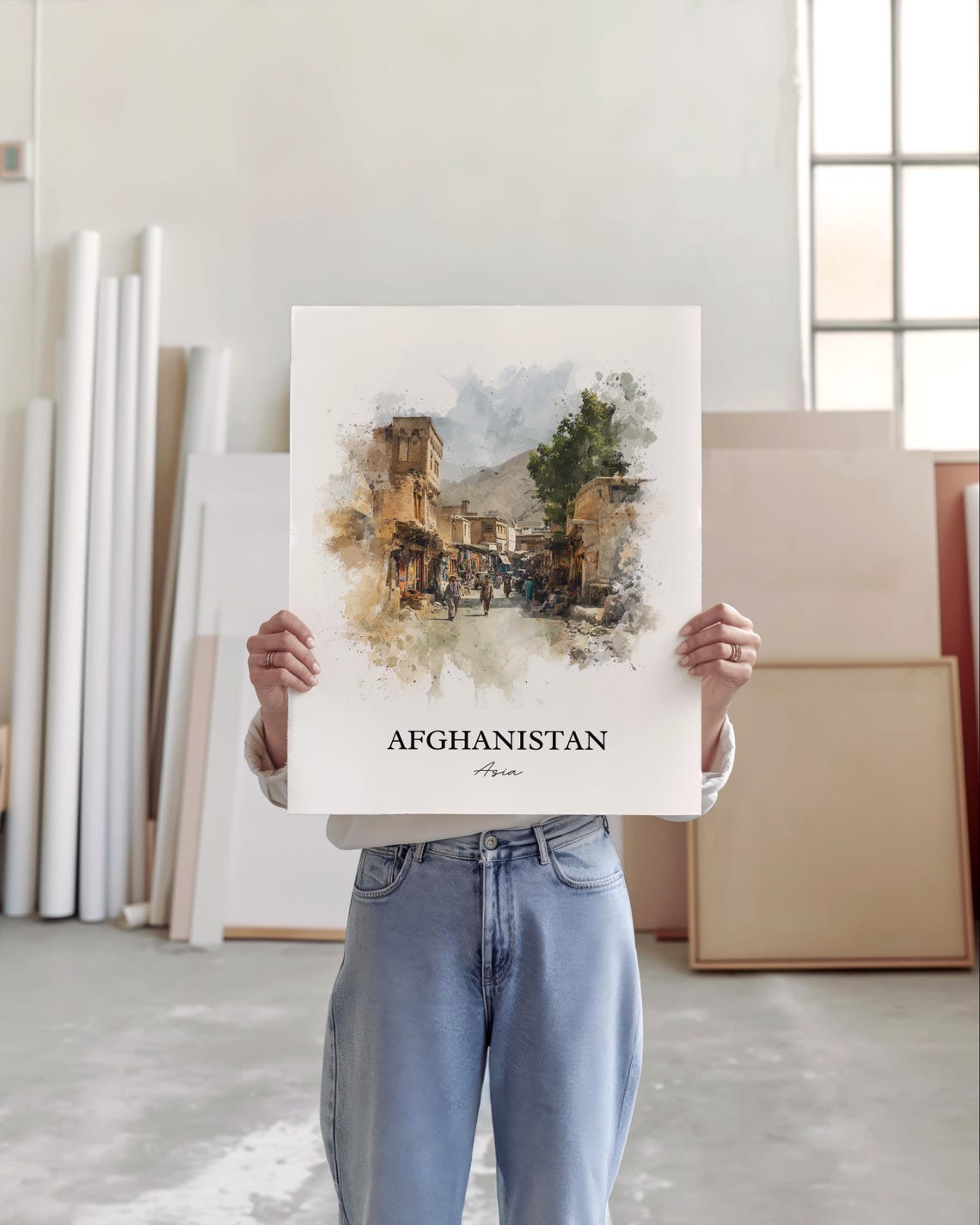 Afghanistan Asia Old Bazaar Mountain Street Watercolor Travel Poster - Image 3
