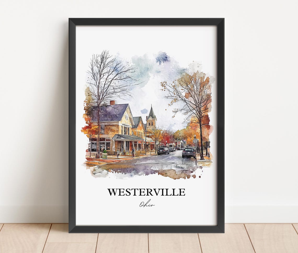 Westerville Ohio Watercolor Autumn Small Town Street Scene Poster - Image 2