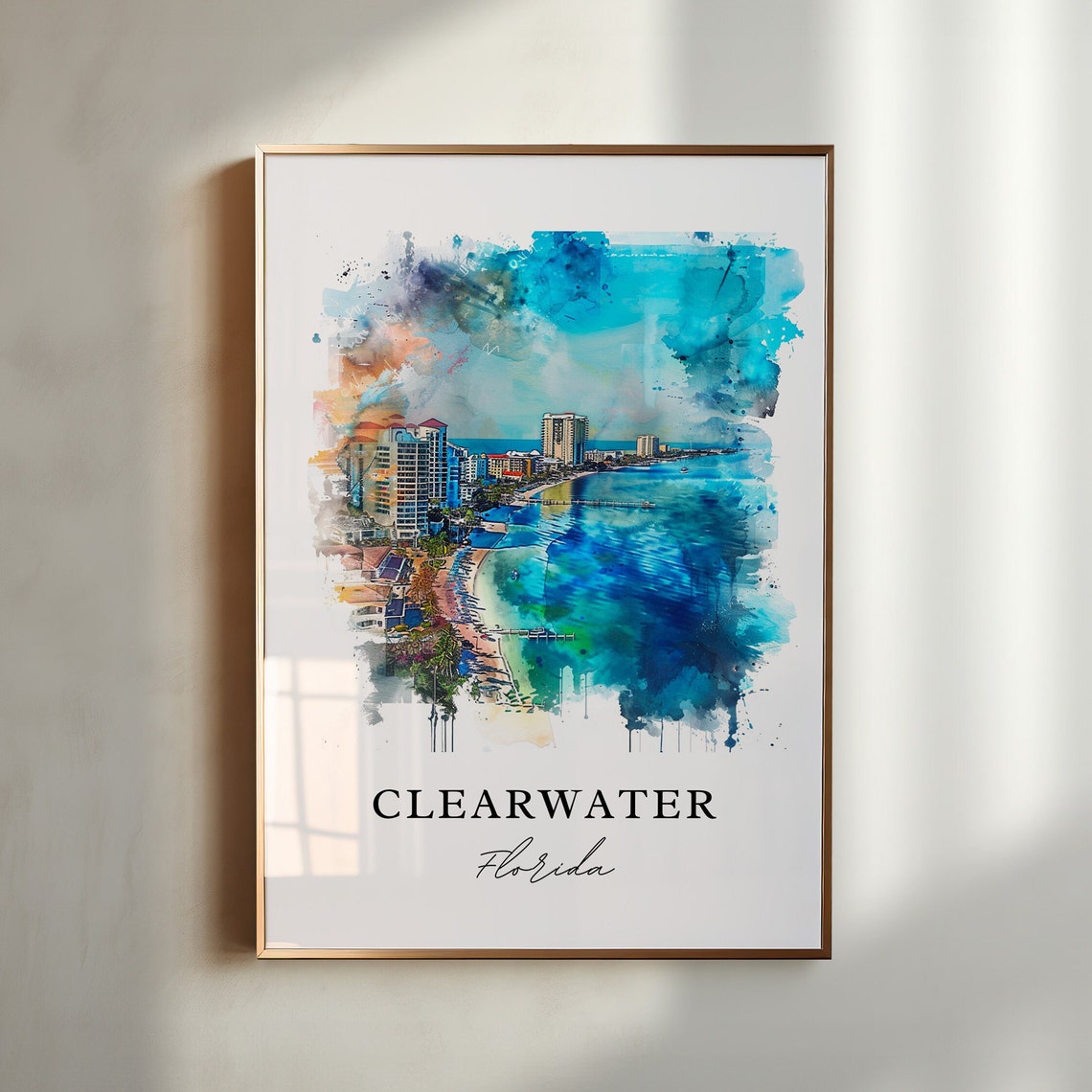 Clearwater Florida Watercolor Beachfront Skyline Coast Poster