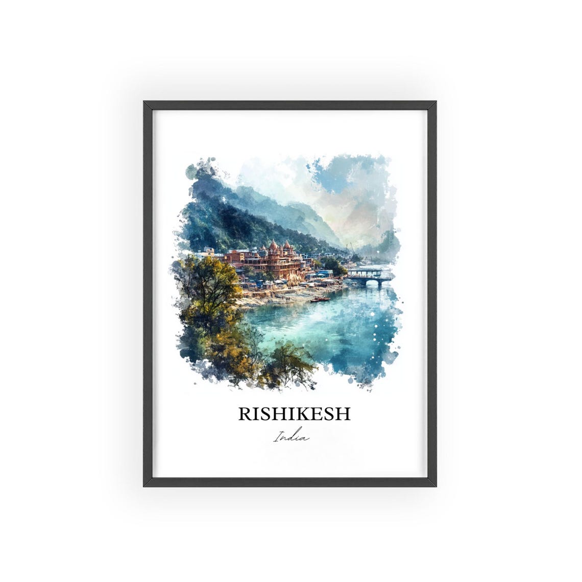 Rishikesh India Watercolor Riverside Temples Ganges River Poster - Image 2