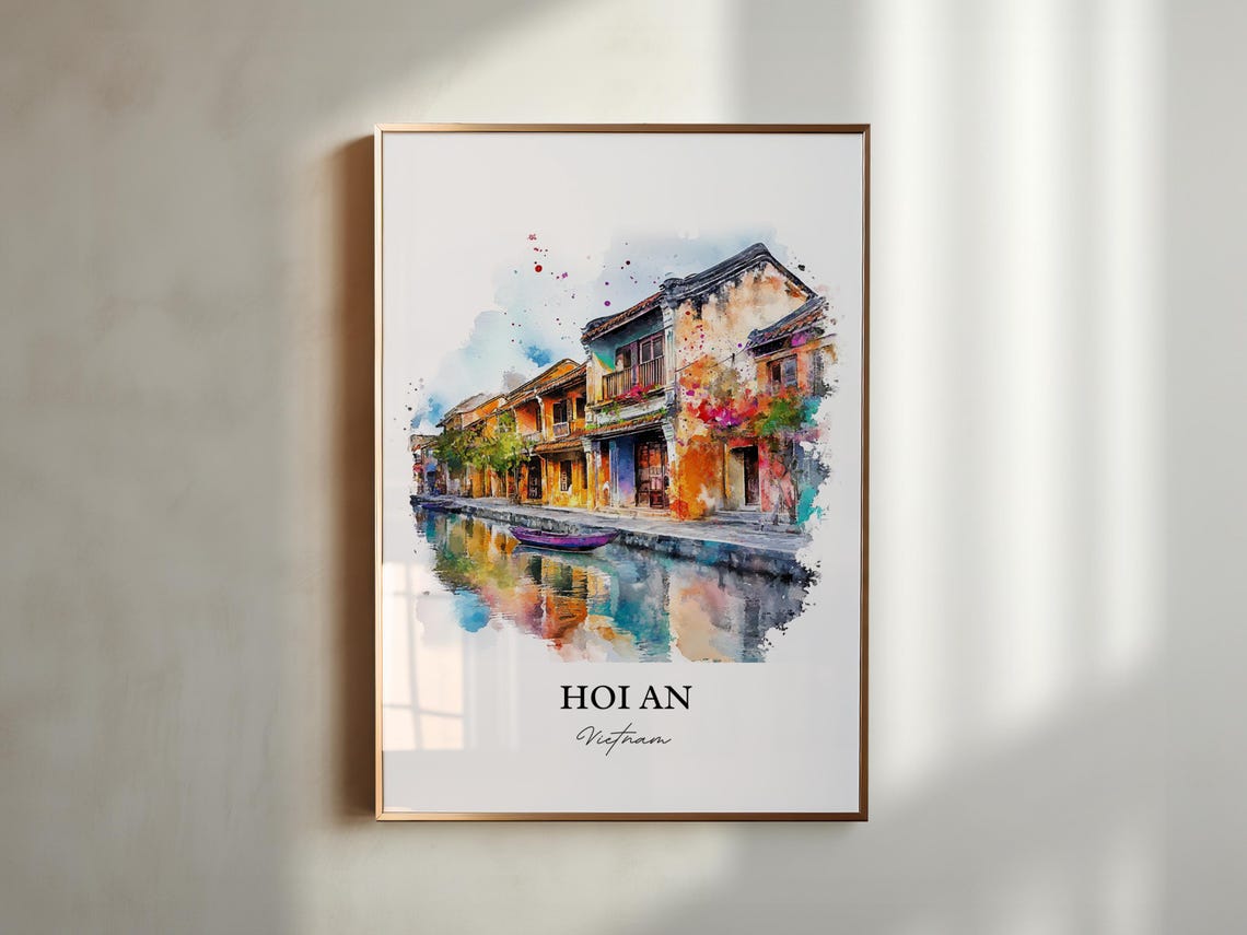 Hoi An Vietnam Watercolor Art Old Town Canal Street Lantern Poster - Image 5