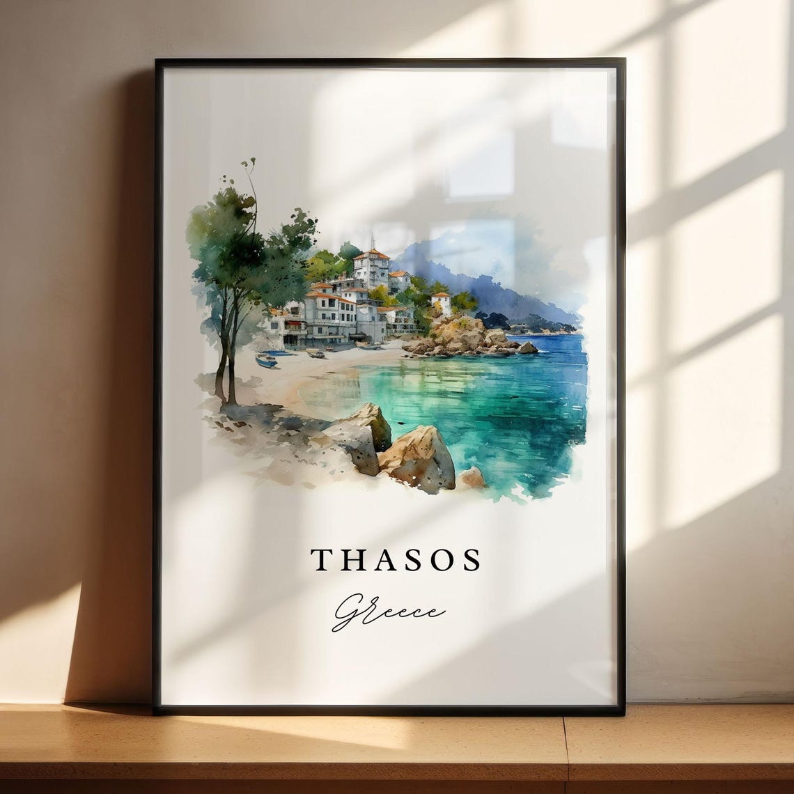 Thasos Greece Island Beach Cove Watercolor Aegean Travel Poster