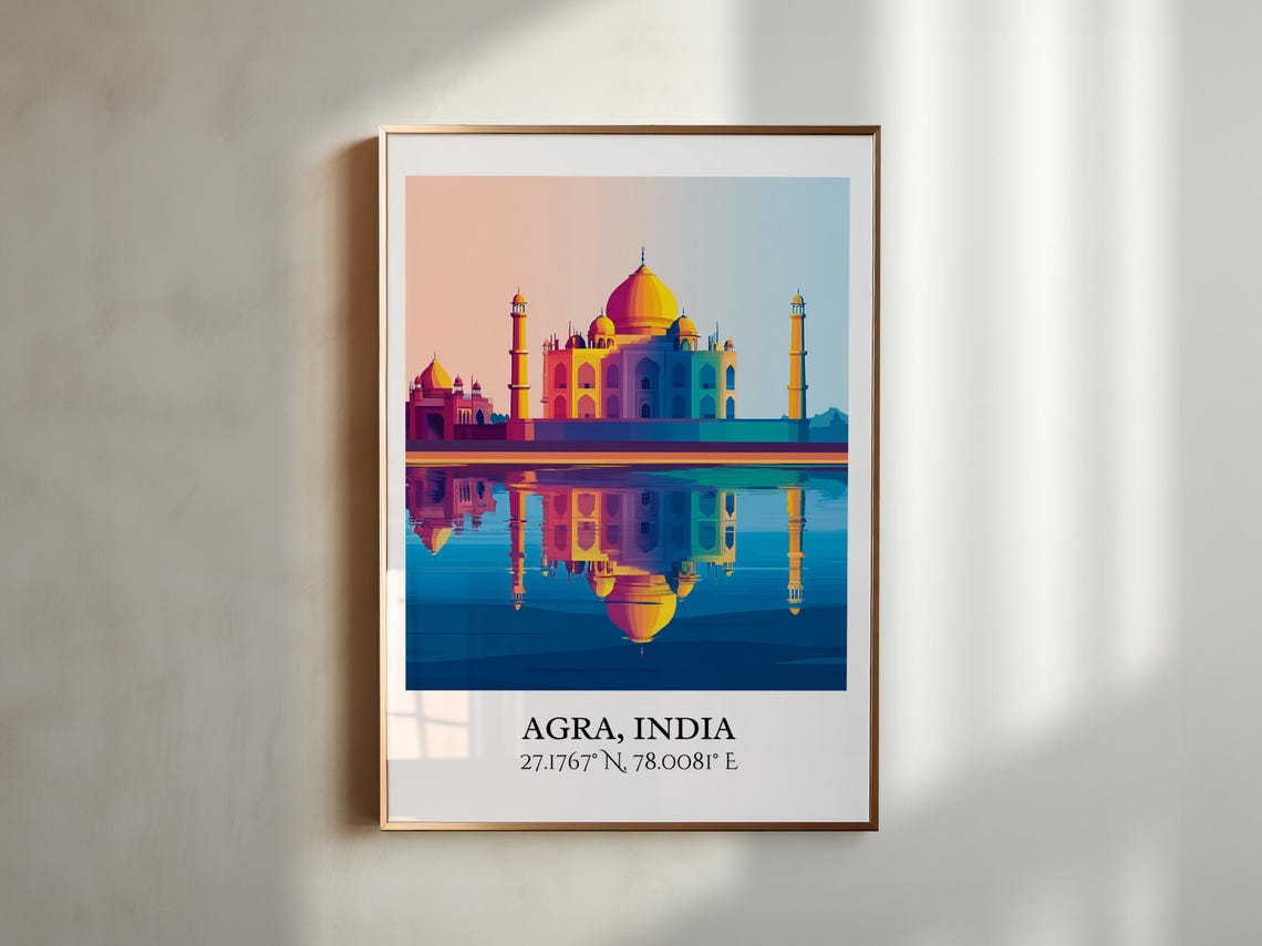 Agra India Taj Mahal Reflection Retro Travel Coordinates Art Poster - Image 2