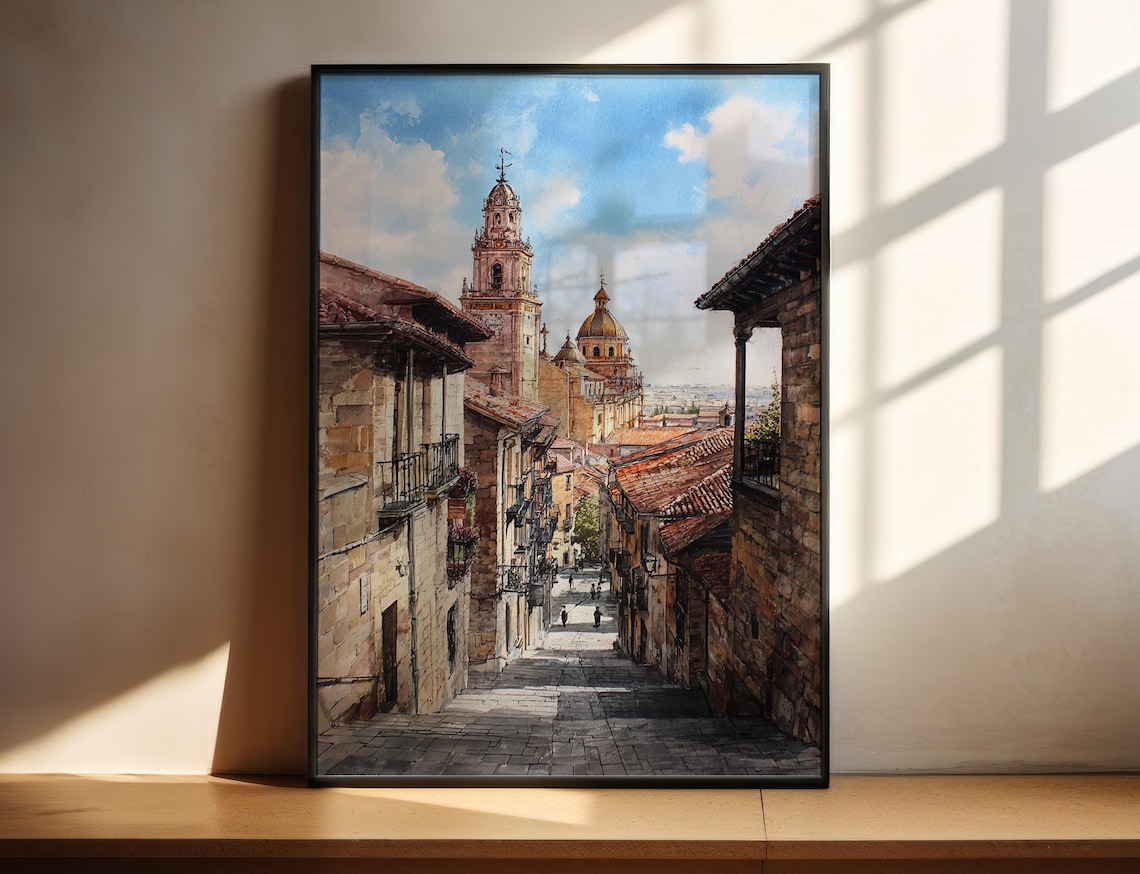 Salamanca Spain Cathedral Tower Old Town Street Watercolor Poster