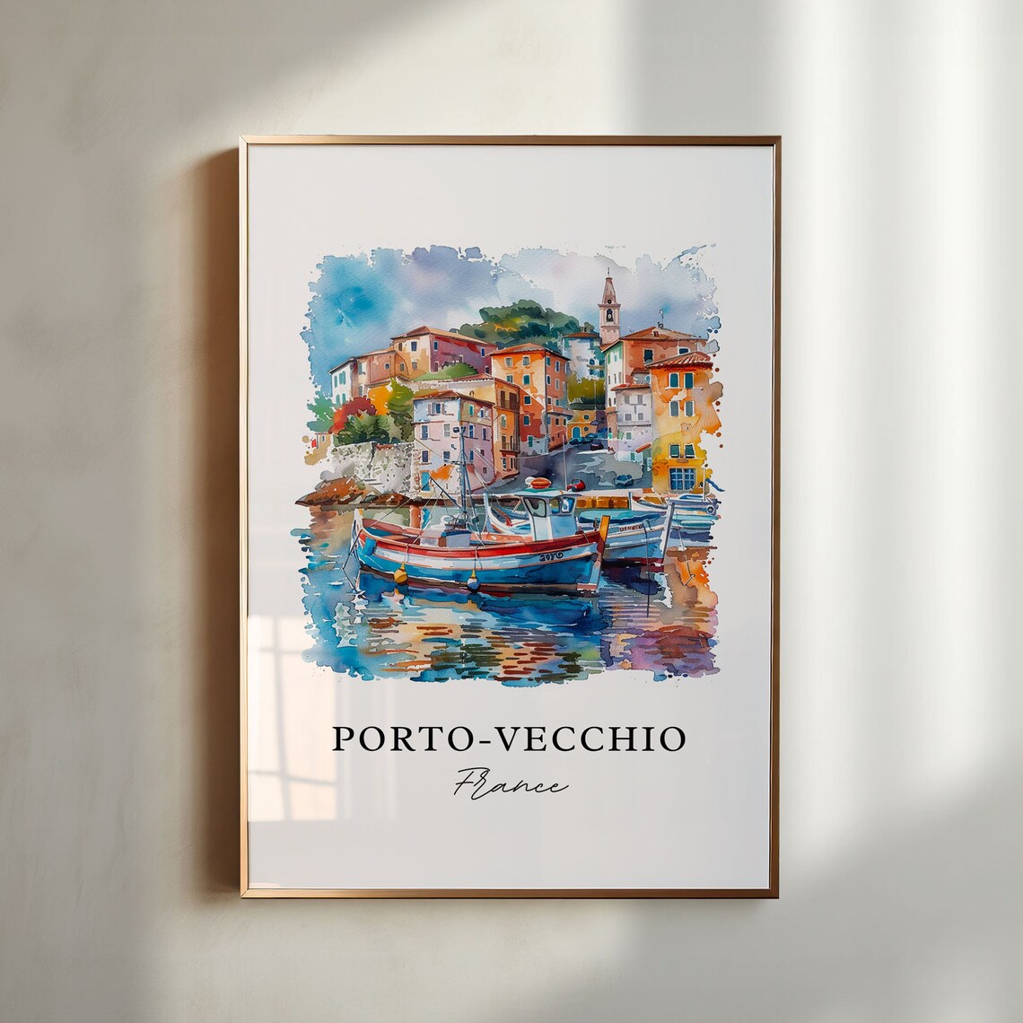 Porto Vecchio Corsica France Harbor Boats Watercolor Village Poster