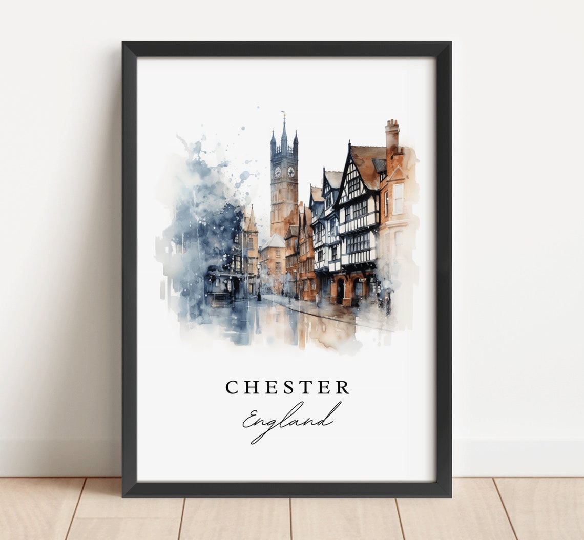 Chester England Watercolor Tudor Street Clock Tower Travel Poster - Image 2
