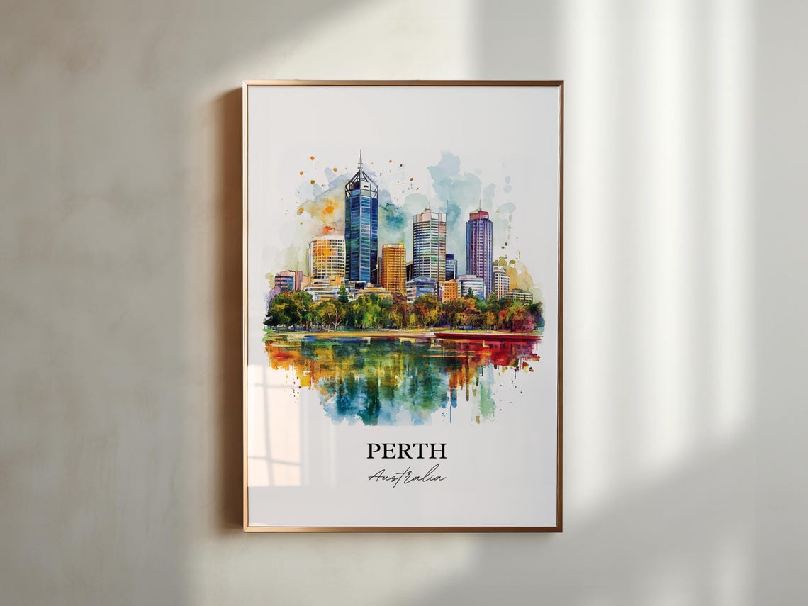 Perth Australia Skyline River Reflection Watercolor Splash Art Poster - Image 4