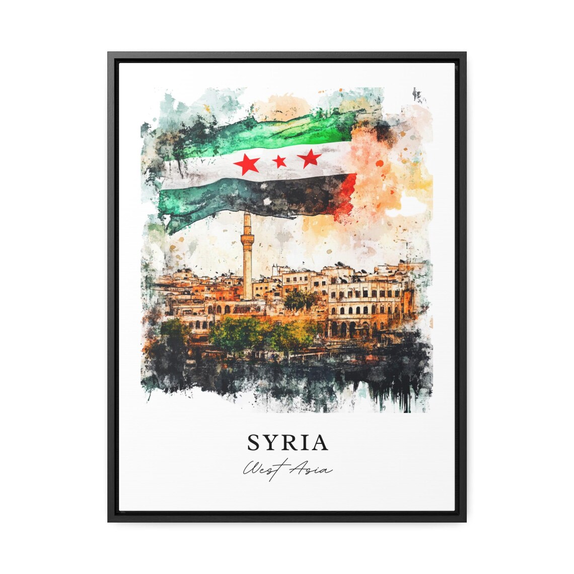Syria Watercolor New Flag Old Town Minaret Damascus West Asia Poster - Image 2