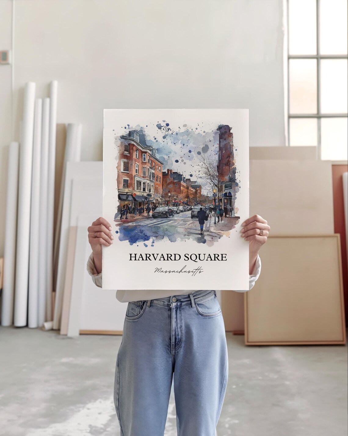 Harvard Square Massachusetts Street Scene Watercolor Travel Poster - Image 3